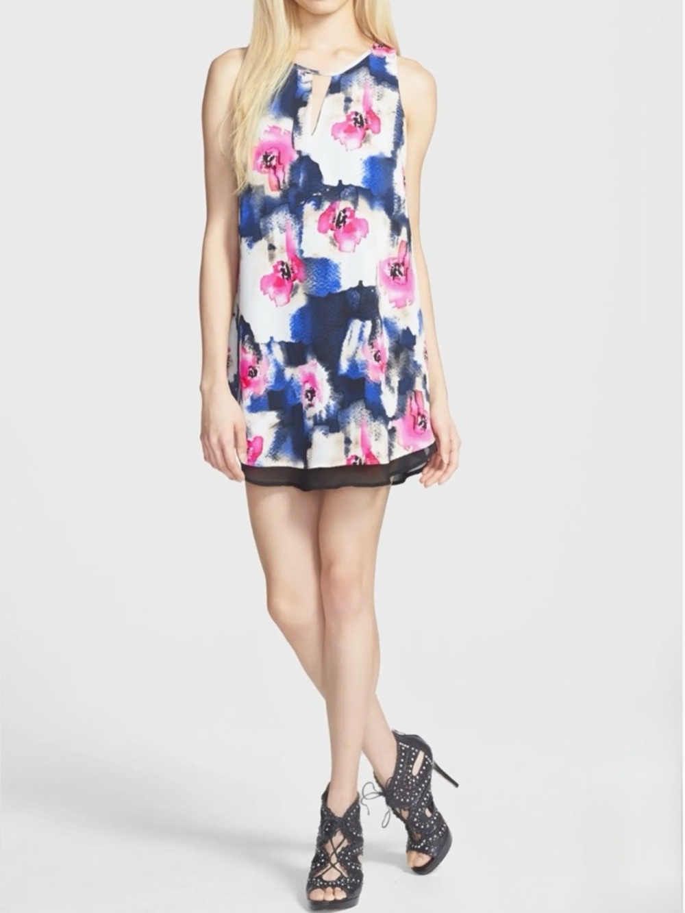 ASTR Floral Double Layer Shift Mini‎ Dress Watercolor Abstract Print Small